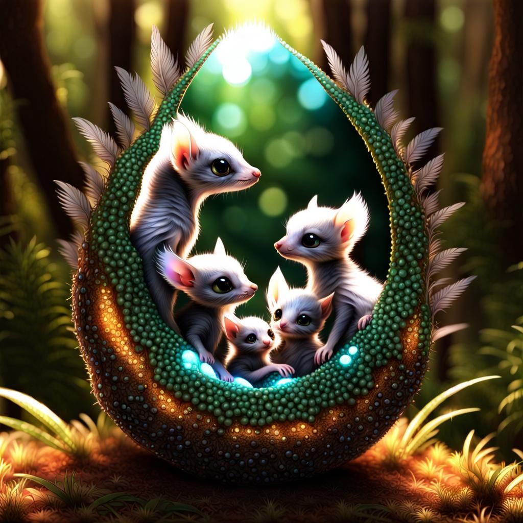 Feathery Dragoncock Hybrids in Backlit Fractal Forest