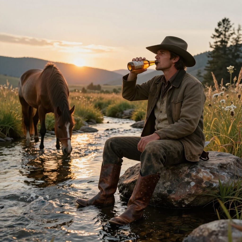 Rugged Cowboy Sips Beer by Stream at Sunset