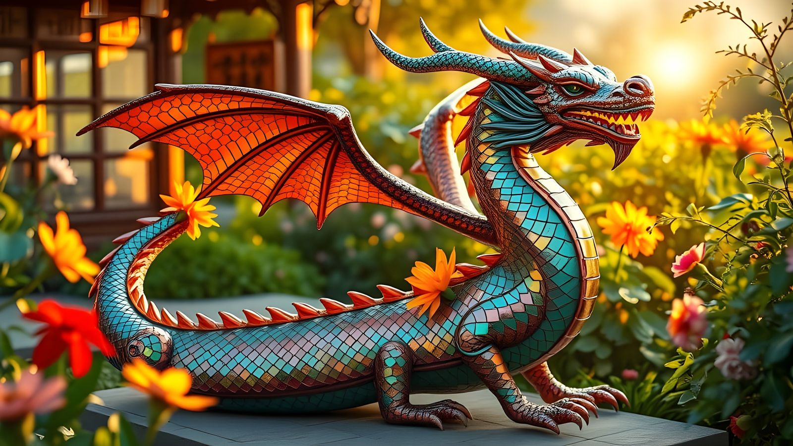 Elegant Dragon Bench in Vibrant Stained Glass Mosaic