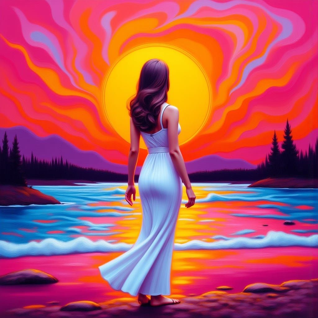 Woman Embraces Sun in Retro-Futuristic Psychedelic Style