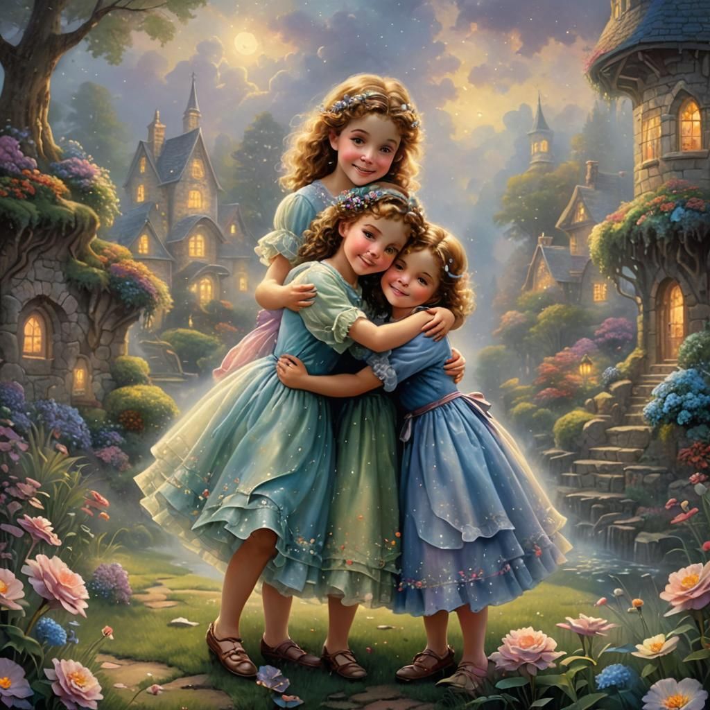 Twins' Loving Bond in Ethereal Fantasy Style