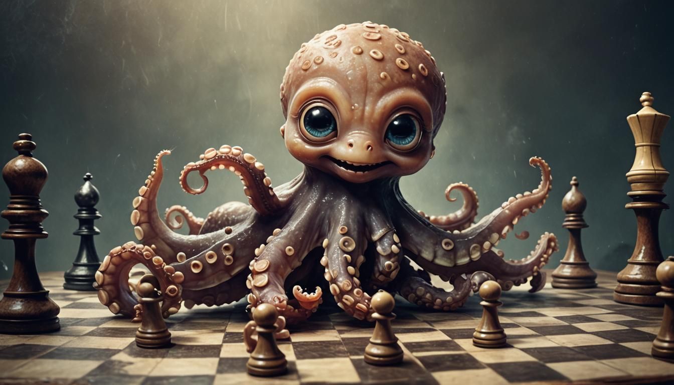 Adorable Baby Octopus Playing Chess, Concept Art
