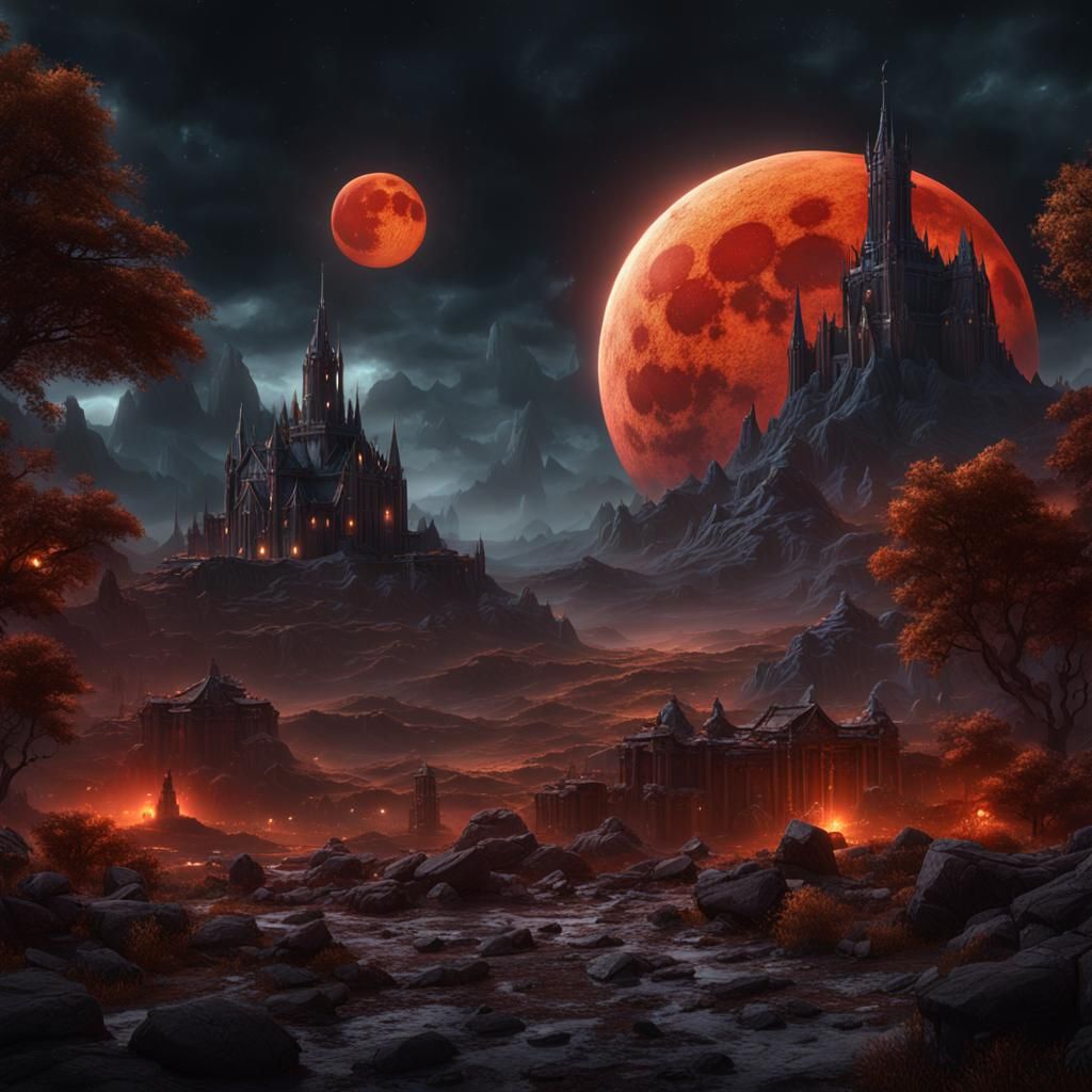 Twin Blood Moon Apocalypse: Detailed Matte Painting