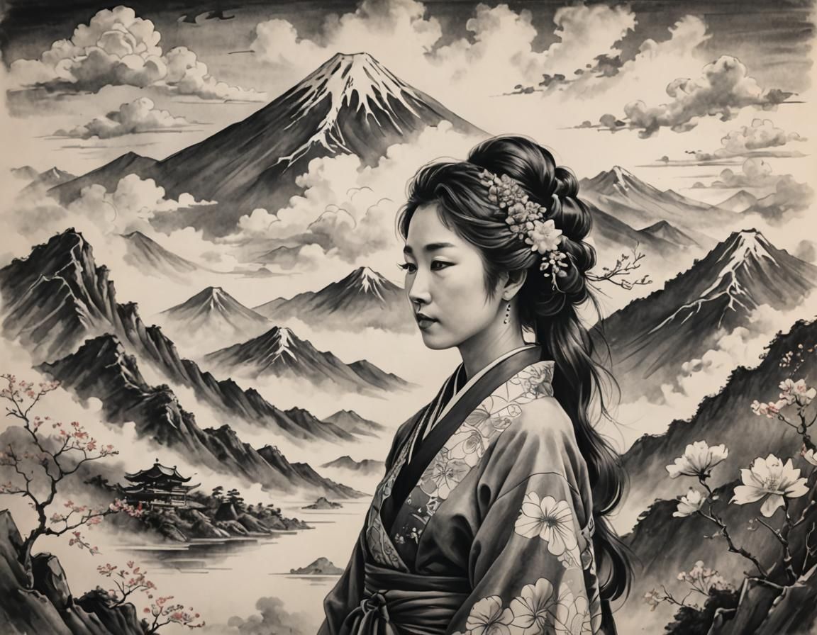 Japanese Mountain Range Charcoal Sketch with Asian-Bohemian ...