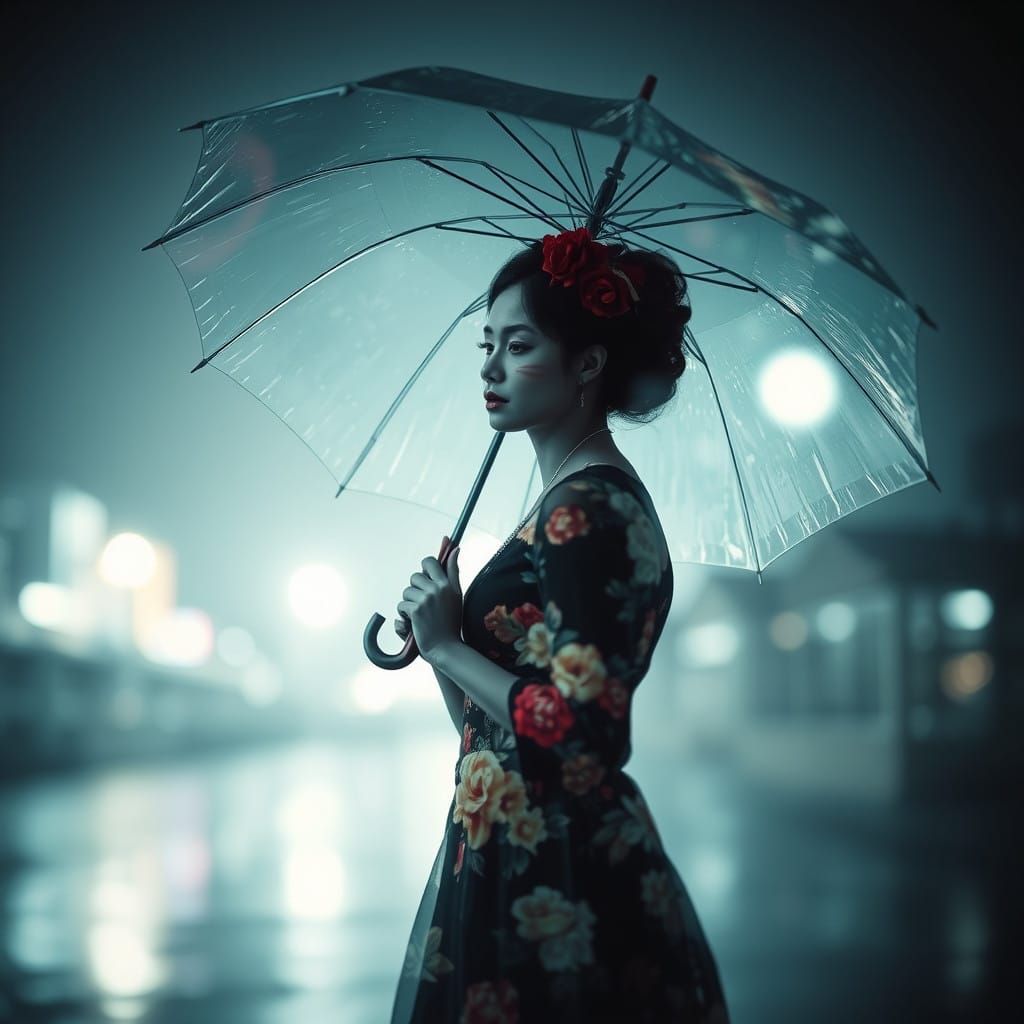 A Monochromatic Portrait of a Dapper Lady Holding an Umbrell...