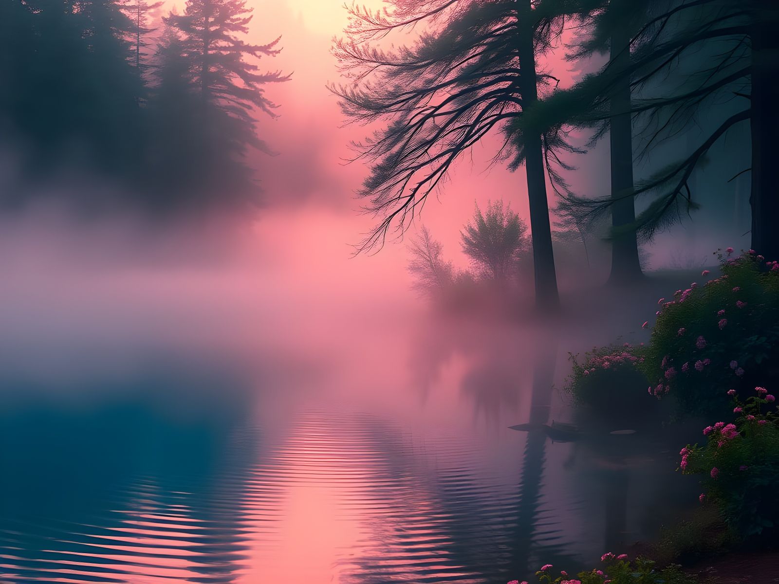 Surreal Blue Lake in Ethereal Fog