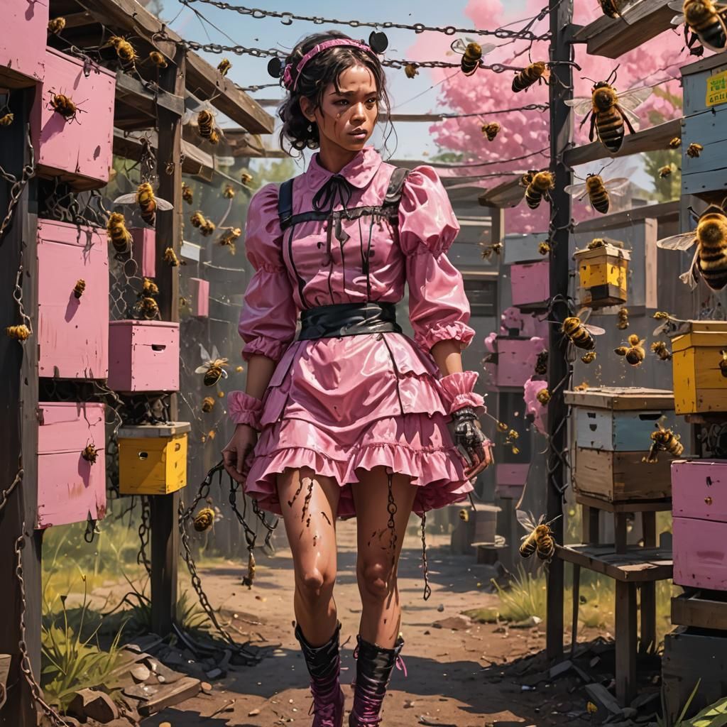 Man in Pink Dress Tied to Beehives: Hyperrealistic Art