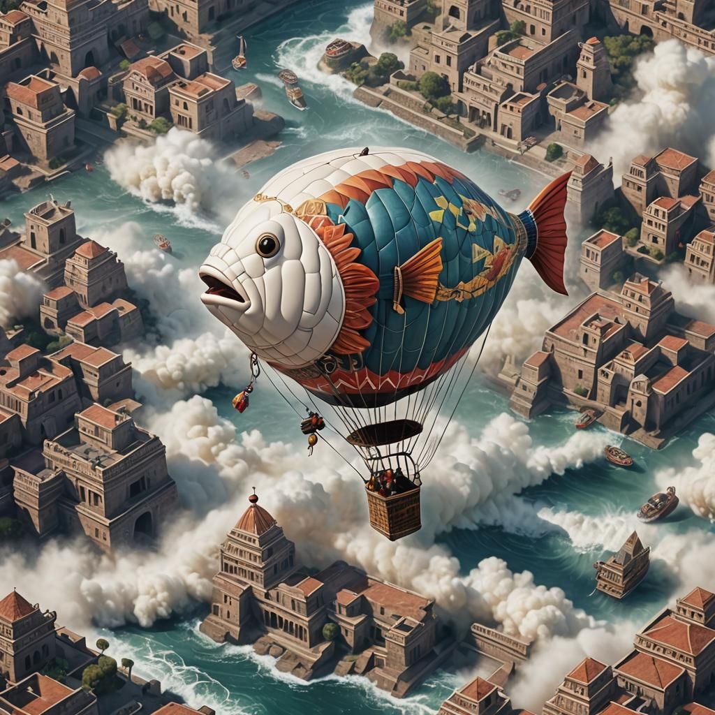 Fish Balloon Over Drowning Aztec City
