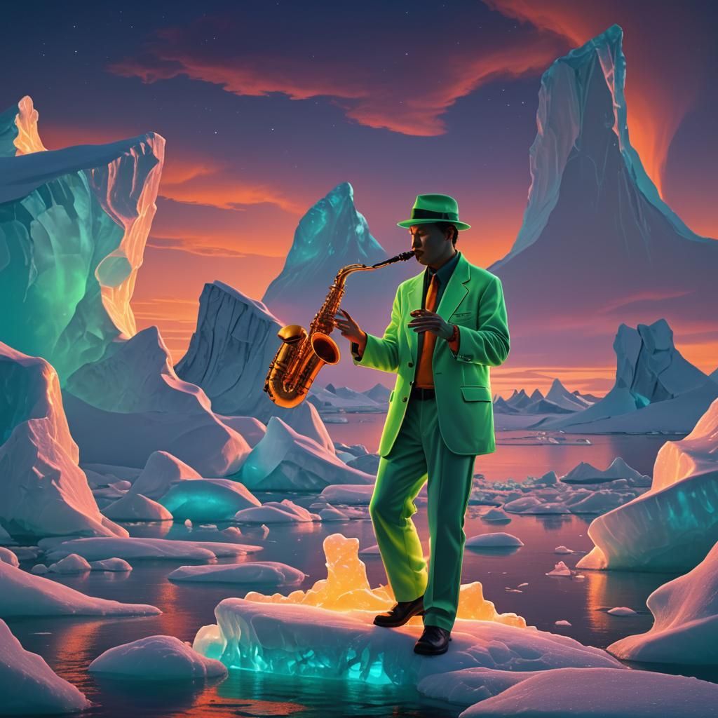 Arctic Twilight Saxophonist in Neon Magic Realism