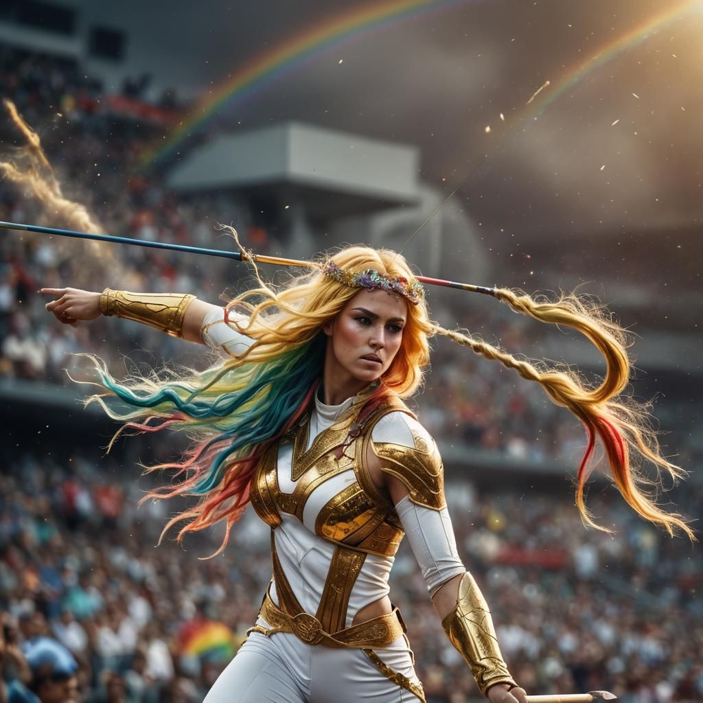 Hyperrealistic Javelin Thrower with Rainbow Hair