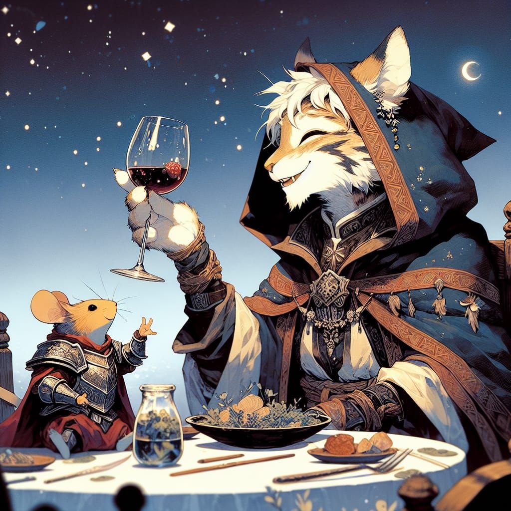 Enchanting Fantasy Anime: Lynx and Mouse at Dinner