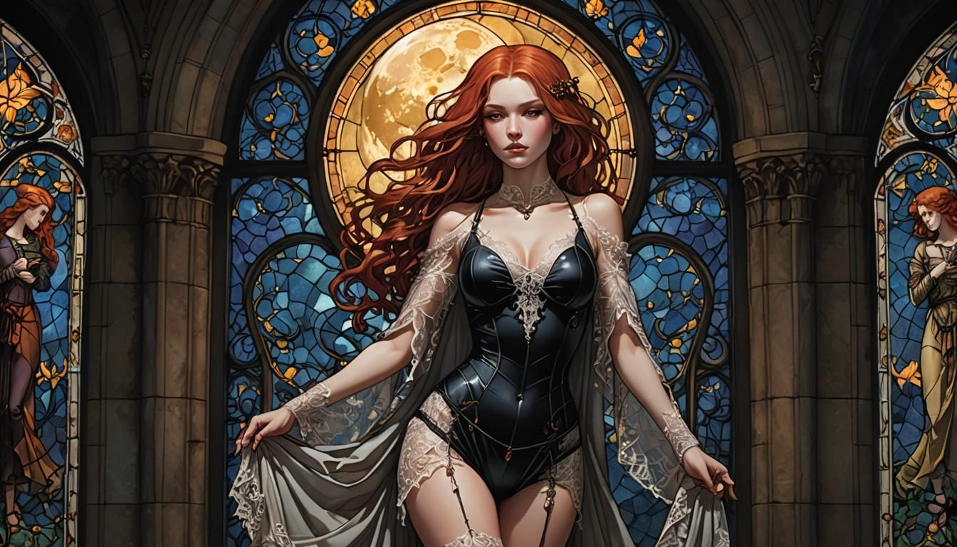 Moonlit Woman in Gothic Chamber, Fine Art Photography