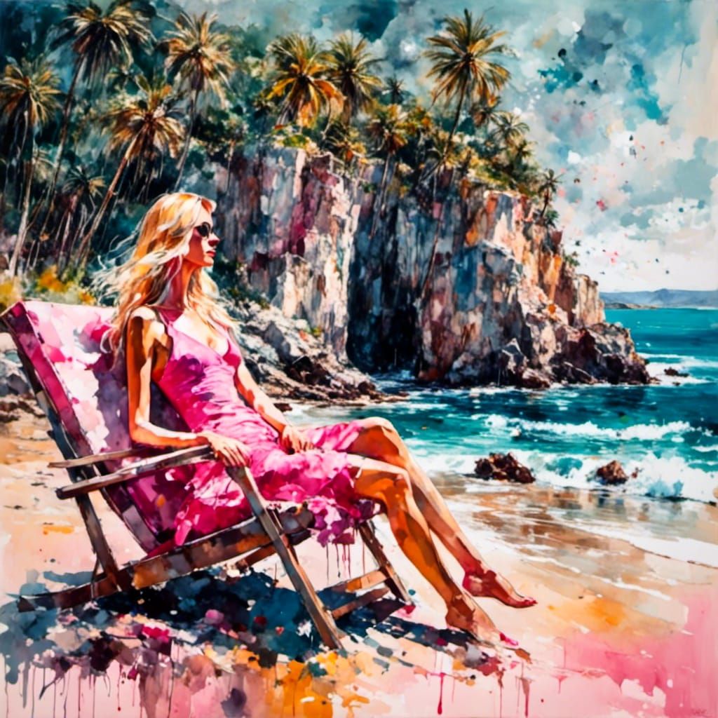 Beach Scene with Model in Lush Watercolor Style