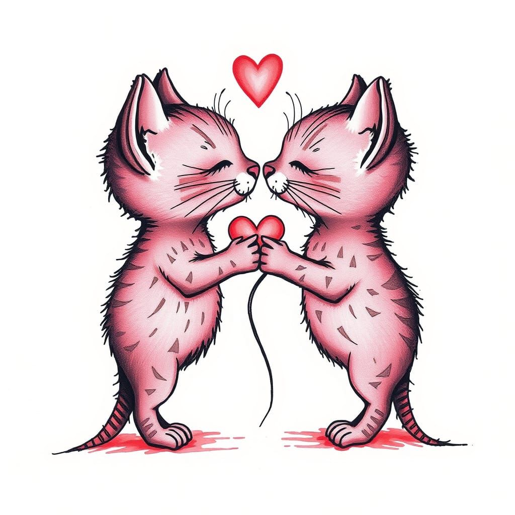 Whimsical Ink Illustration of Two Kissing Cats with Intricat...