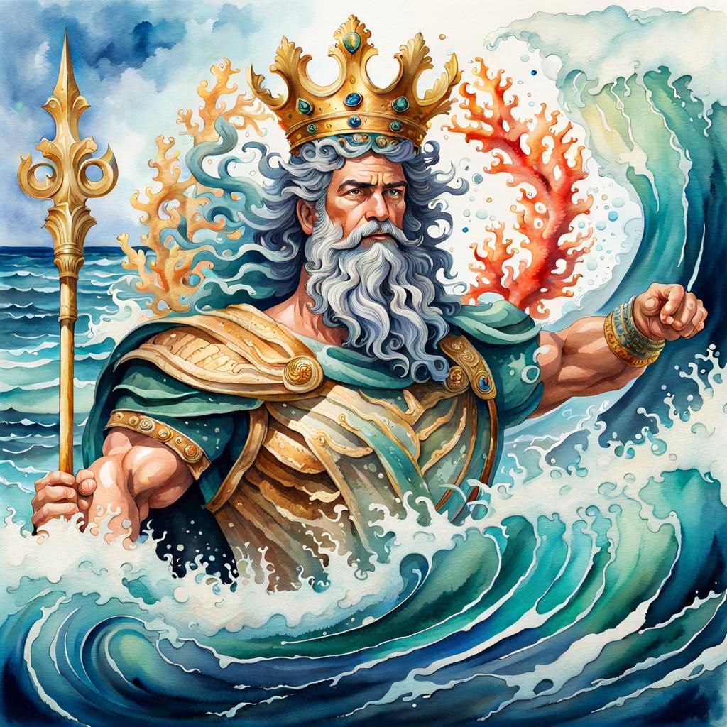 Regal Poseidon Rides a Wave in Watercolor Art