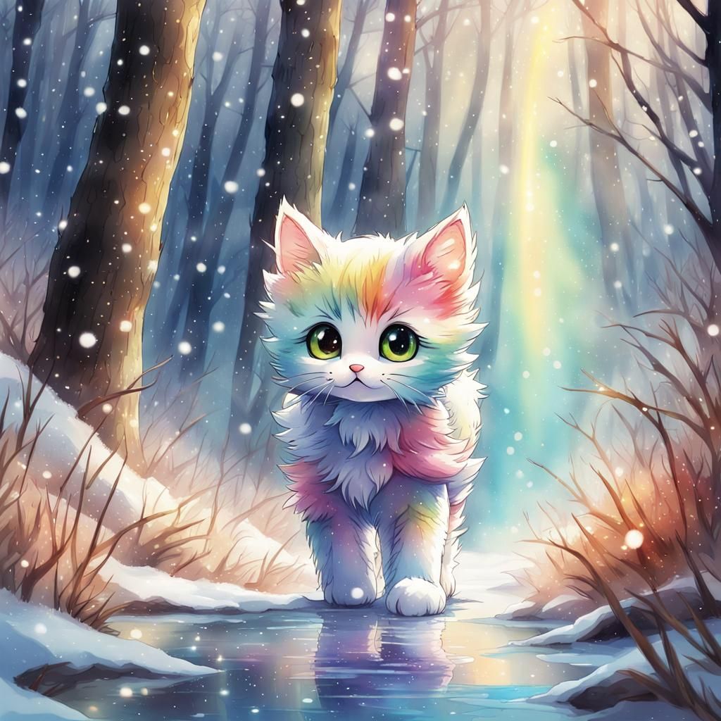 Kitten in Snowy Forest Painting with Anime Style