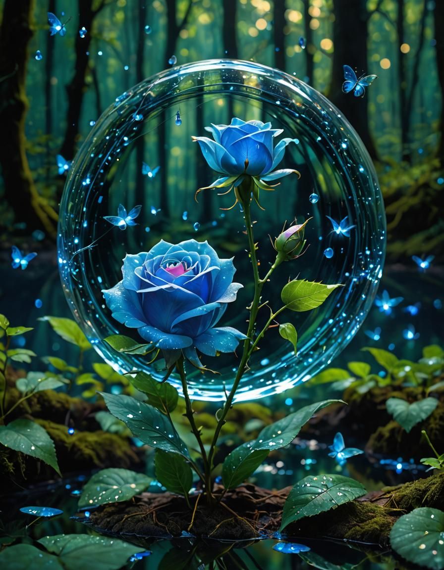 Surreal Blue Glass Rose in Enchanted Forest