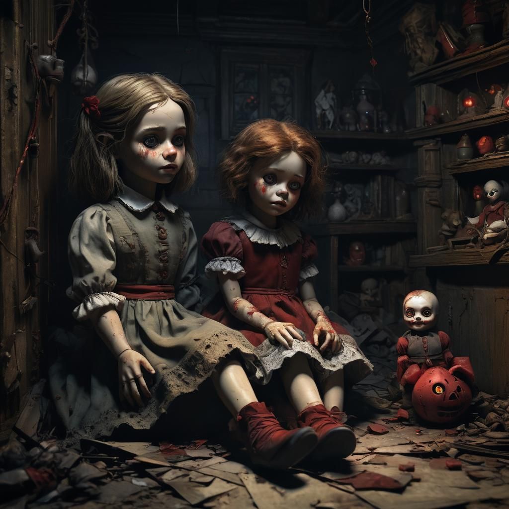 a haunted doll there with red eyes, at night, fearful , near a small girl whose eyes were broken haunted in a house at n...