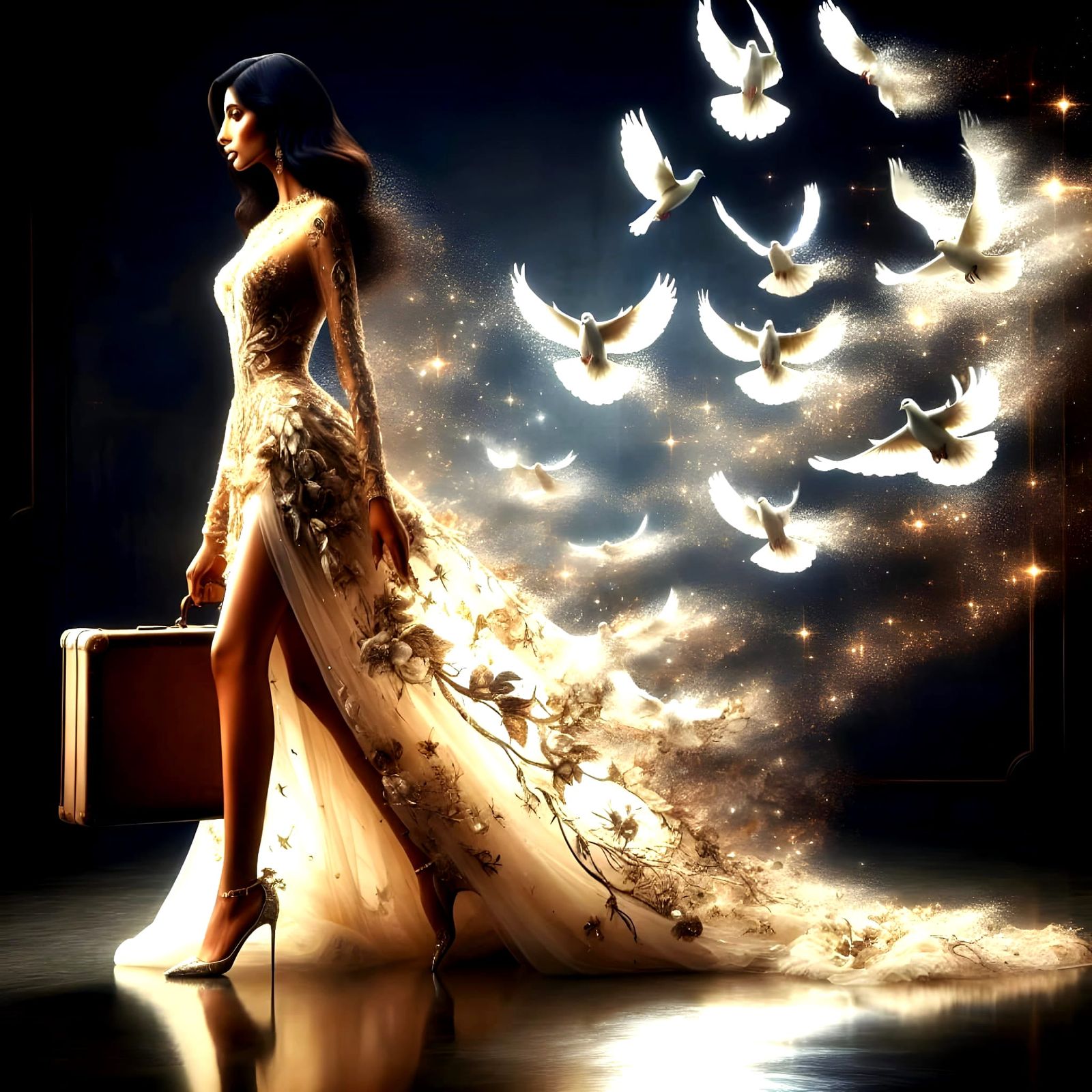 Ethereal Woman's Avian Transformation in Glimmering Light