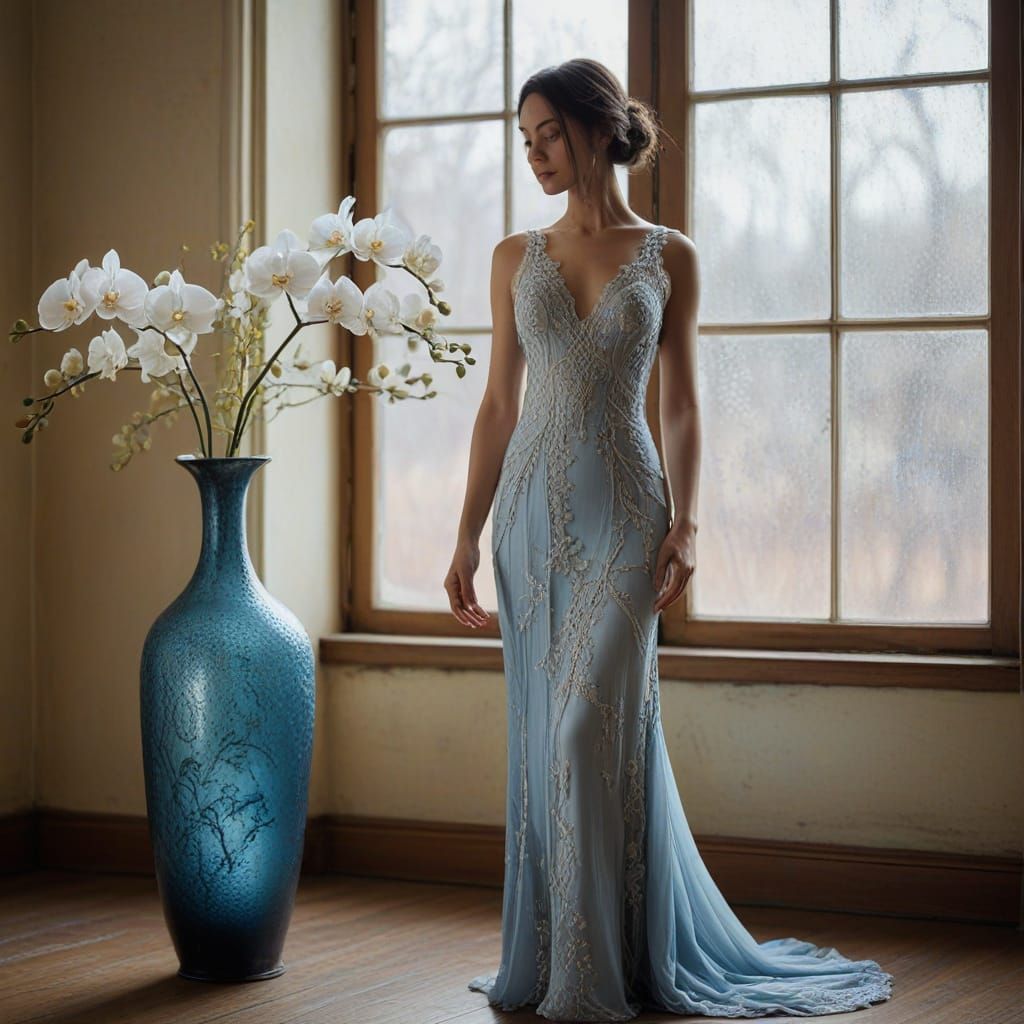 Ethereal Art Nouveau Woman Amidst Wabi-Sabi Beauty