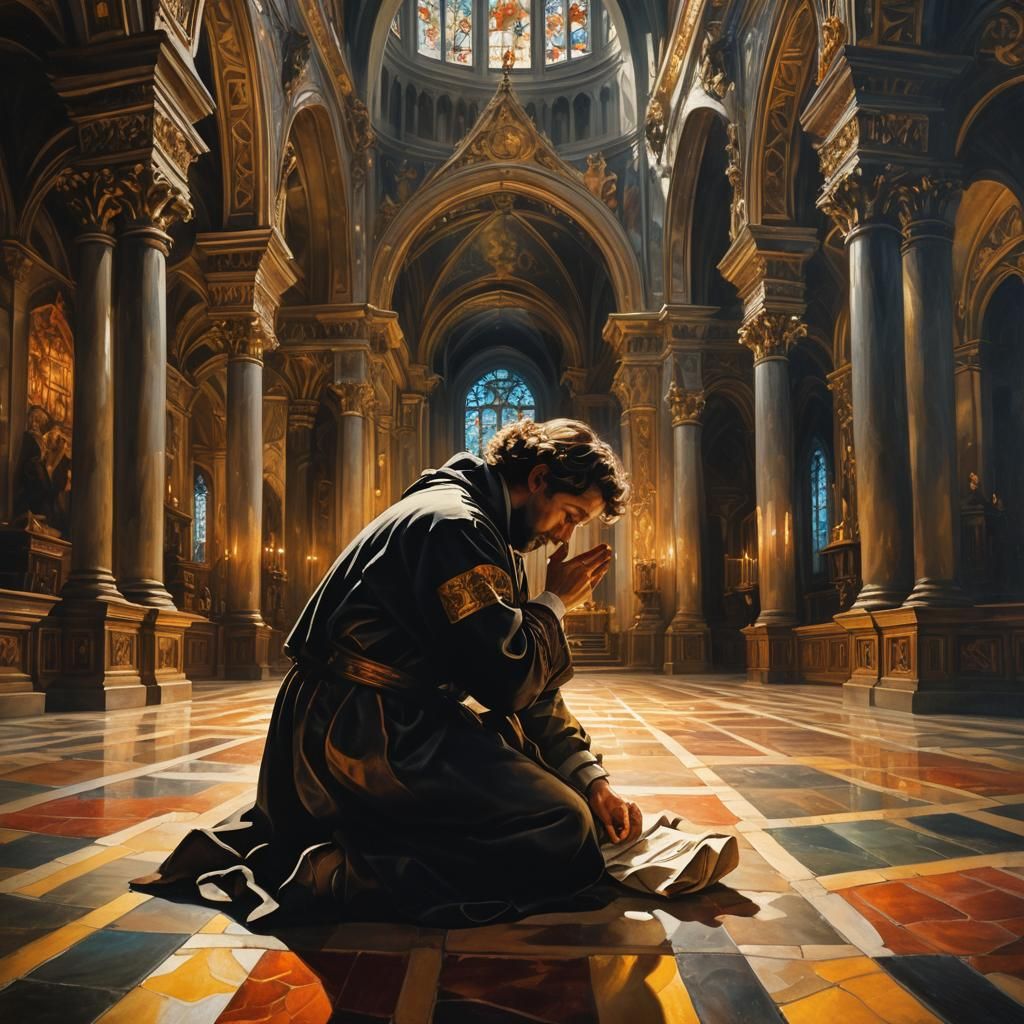 Baroque Painting of a Praying Man in Cathedral