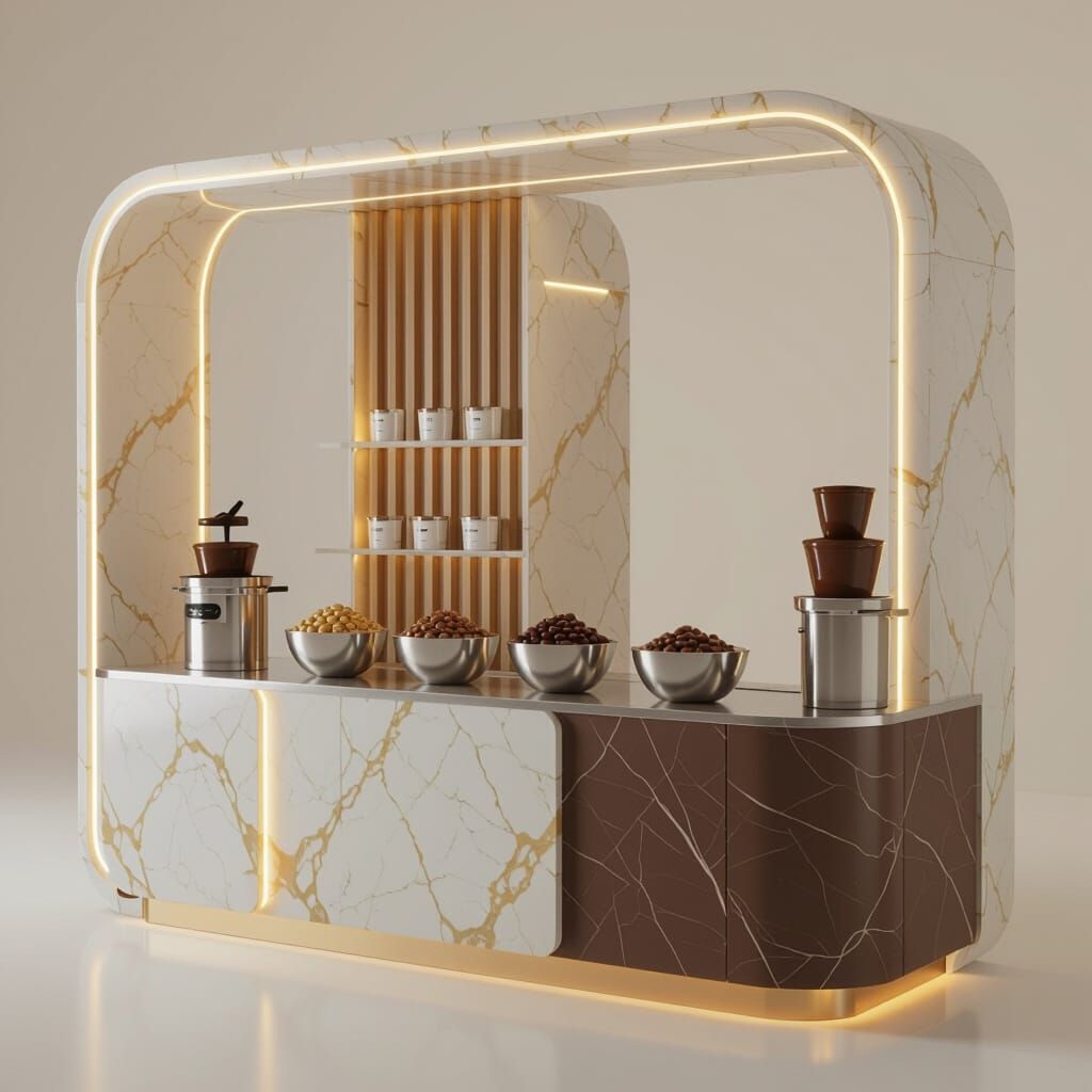 Modern Kiosk Design with Marble and Wood Accents