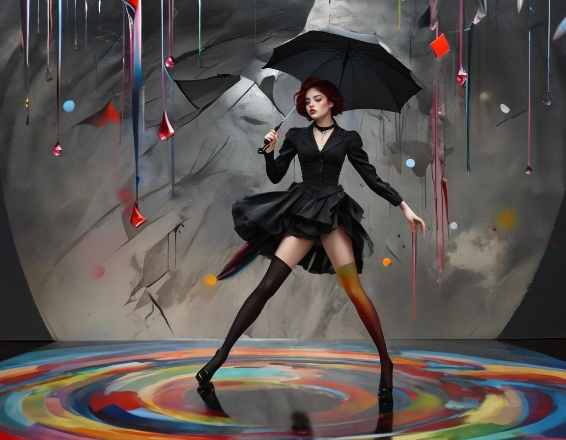 Kpop Pinup Falling with Umbrella in Kandinsky Style