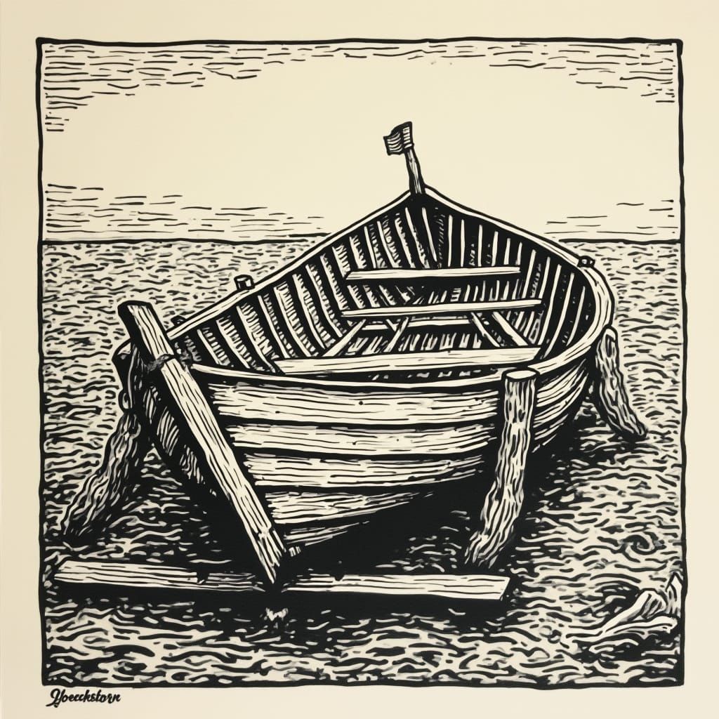 Wooden Boat Under Construction in Linocut Style