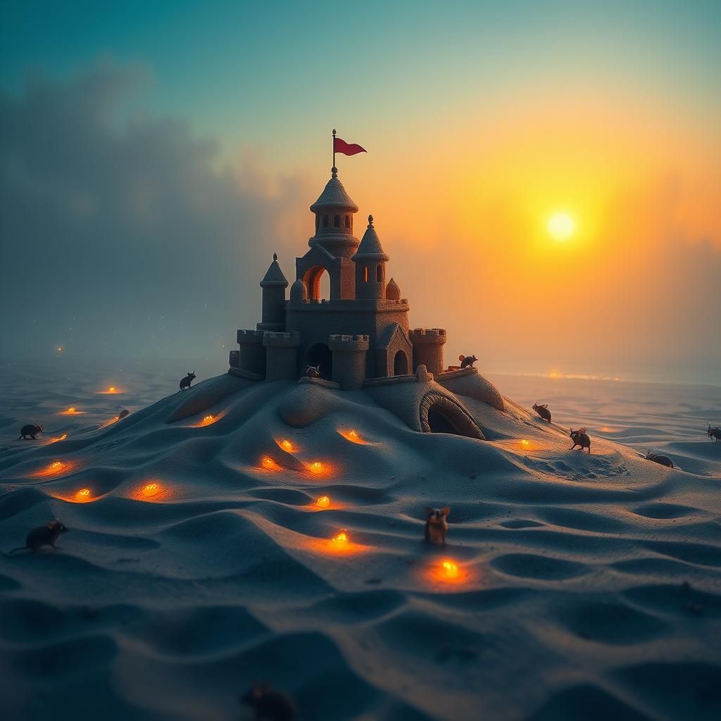Mice Build Sandcastle on Mystical Beach, Van Gogh Style