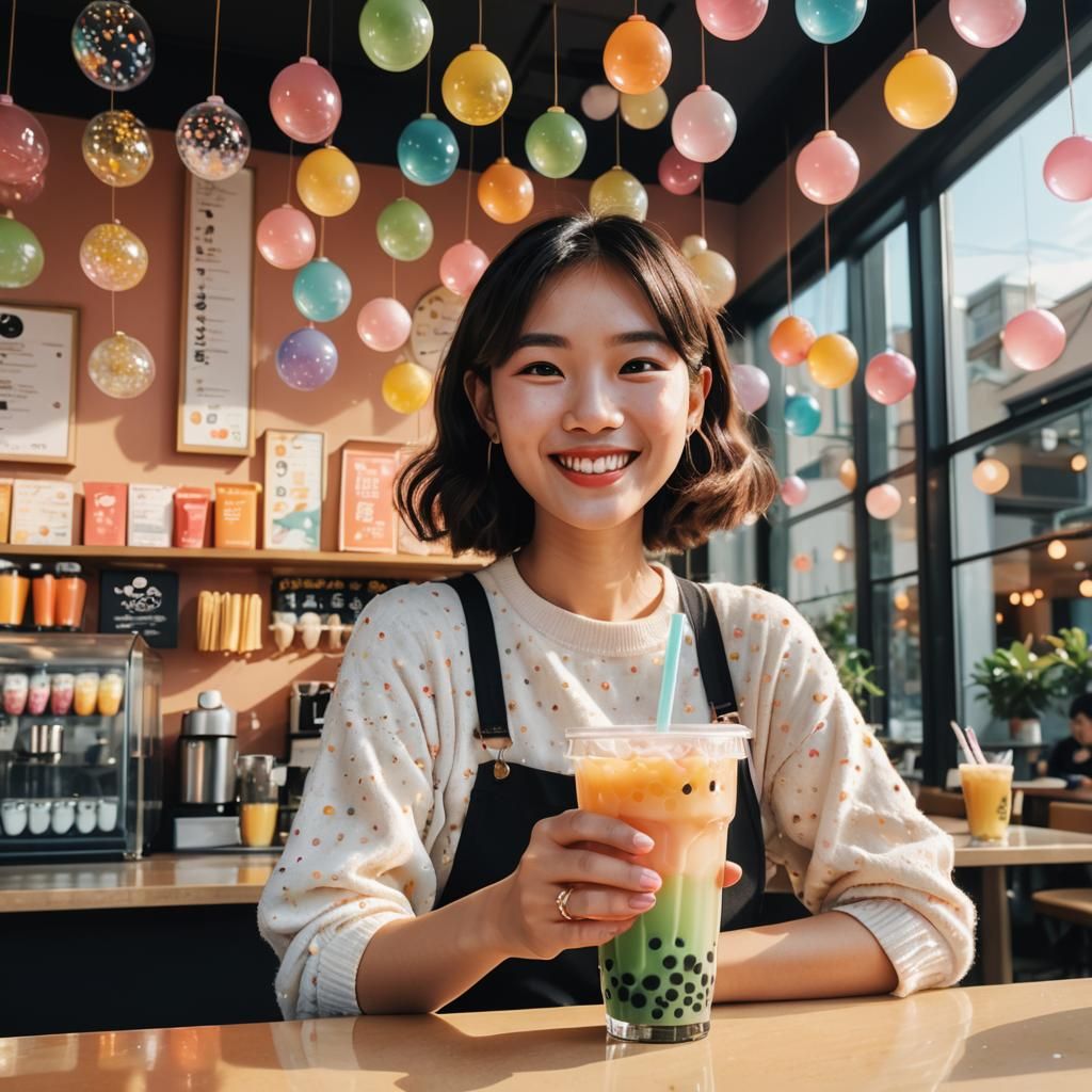 Woman Enjoying Bubble Tea in Whimsical Manga Style