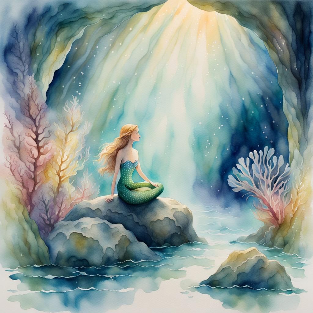 Whimsical Mermaid in Misty Cave: Watercolor Art