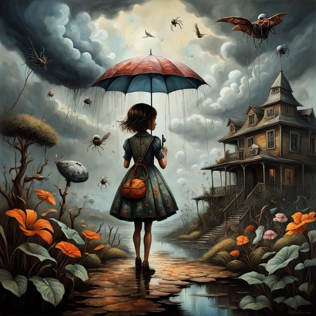 Surreal Oil Painting of a Headless Child in a Prim Dress