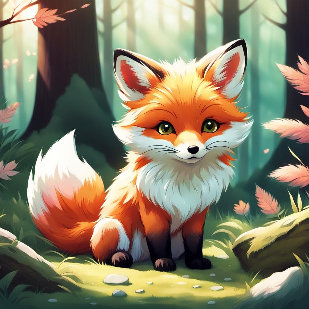 Japanese-Style Cute Baby Fox in Whimsical Forest Glade