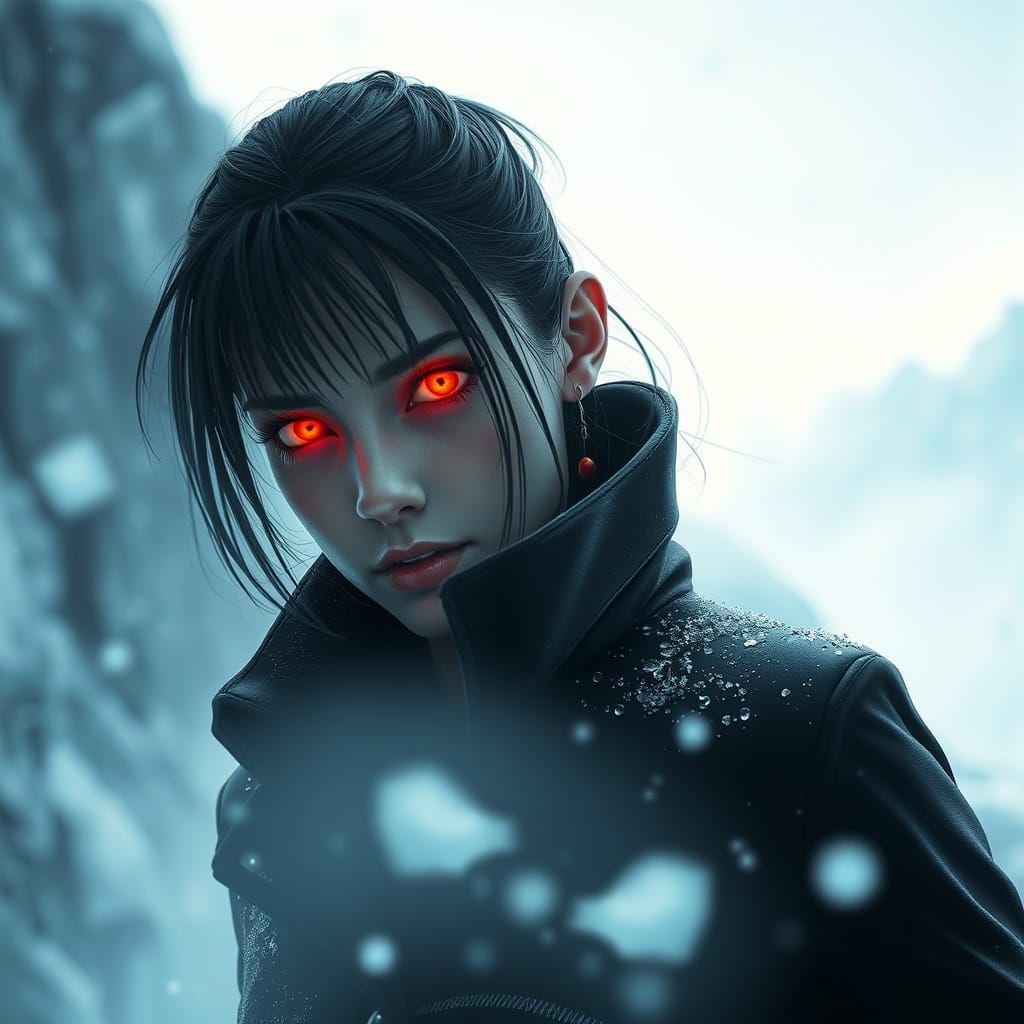 Mysterious Woman with Fiery Eyes in Dark Noir Futurism