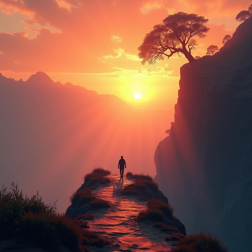 Mystical Sunrise Over Misty Mountain Path