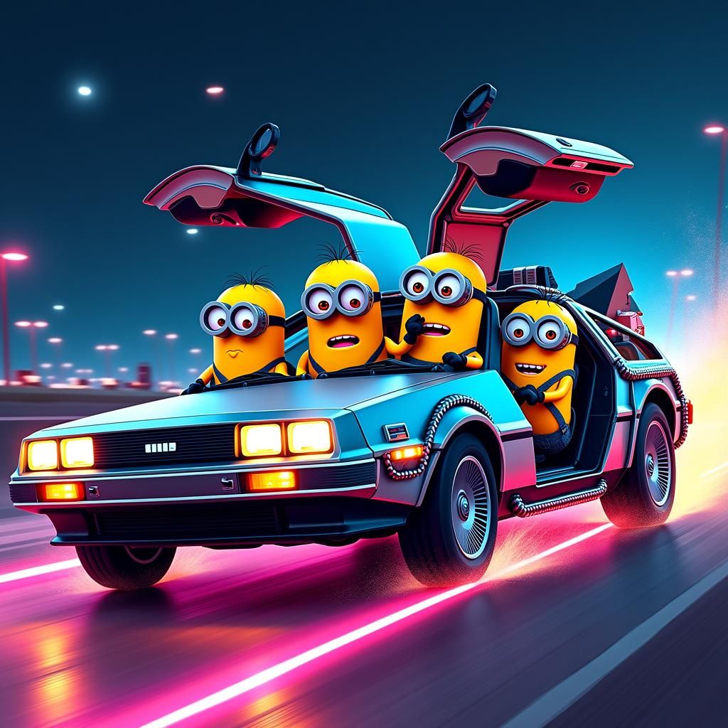 Minions' Time Travel Adventure in Cyberpunk DeLorean