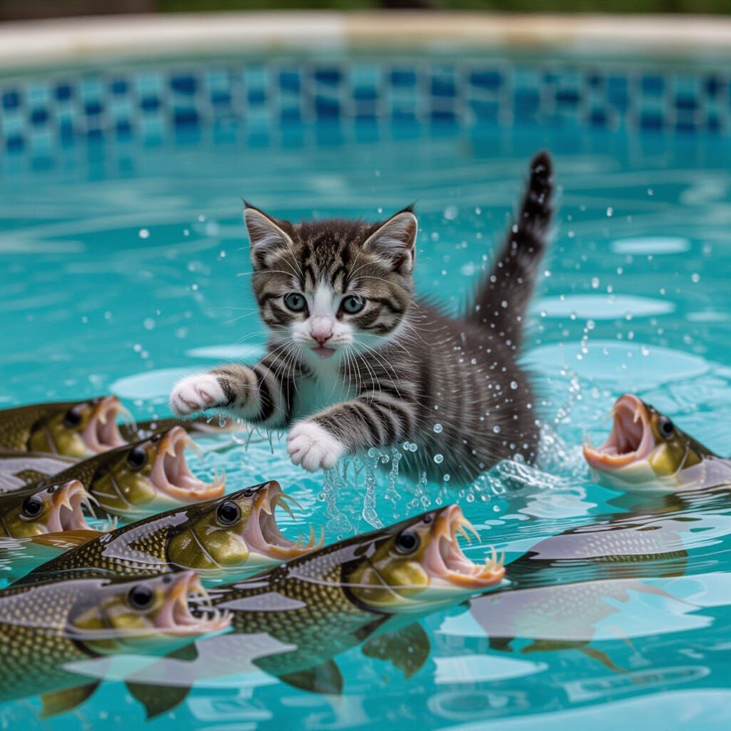 Kitten in Danger: Piranha Pool Threat