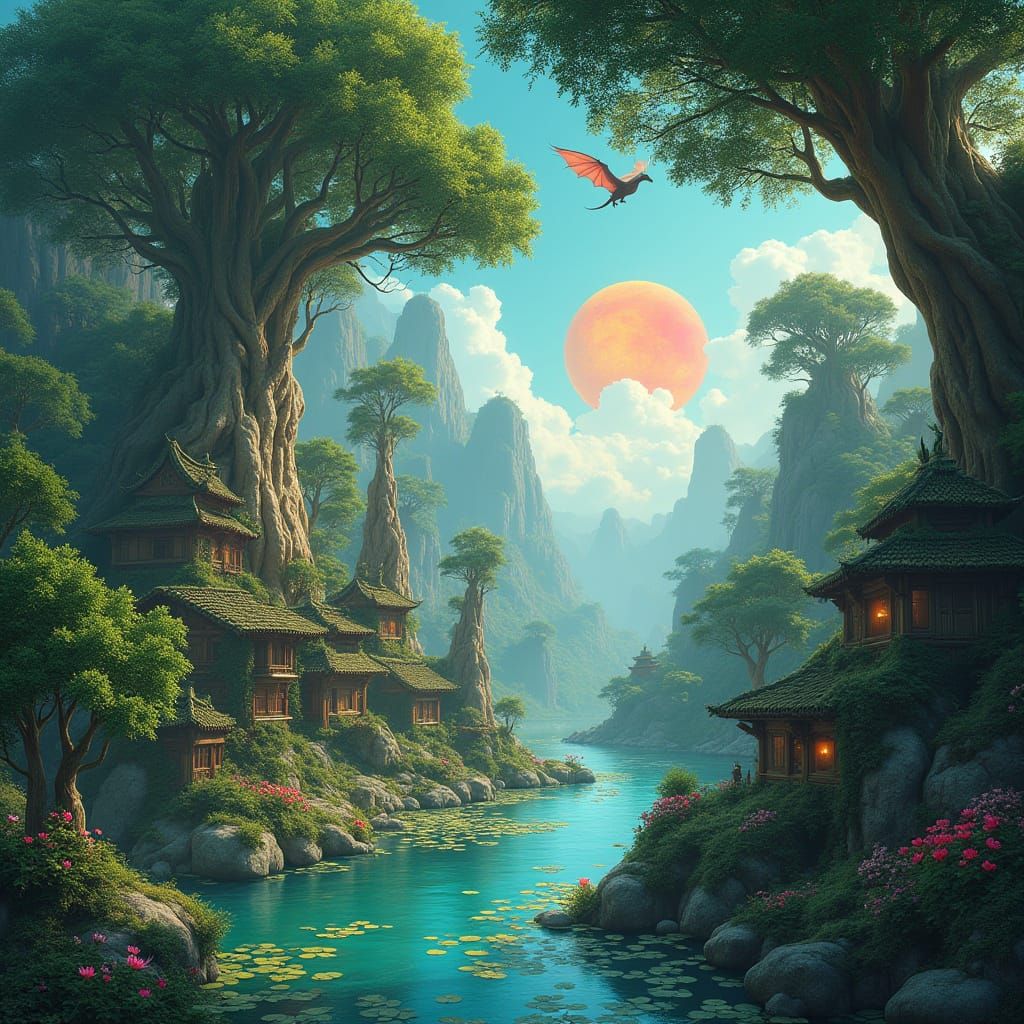 Surreal Forest Realm with Dragons and Two Suns in Hyperreali...