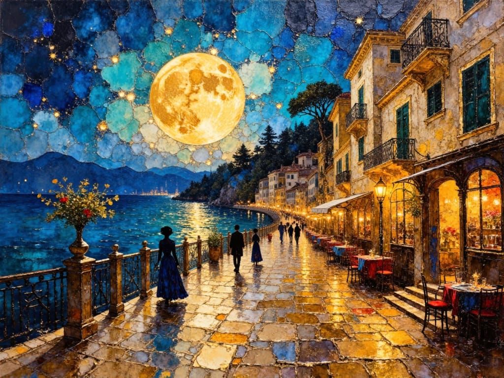 Mediterranean Seaport Oil Painting in Klimt & Rembrandt Styl...