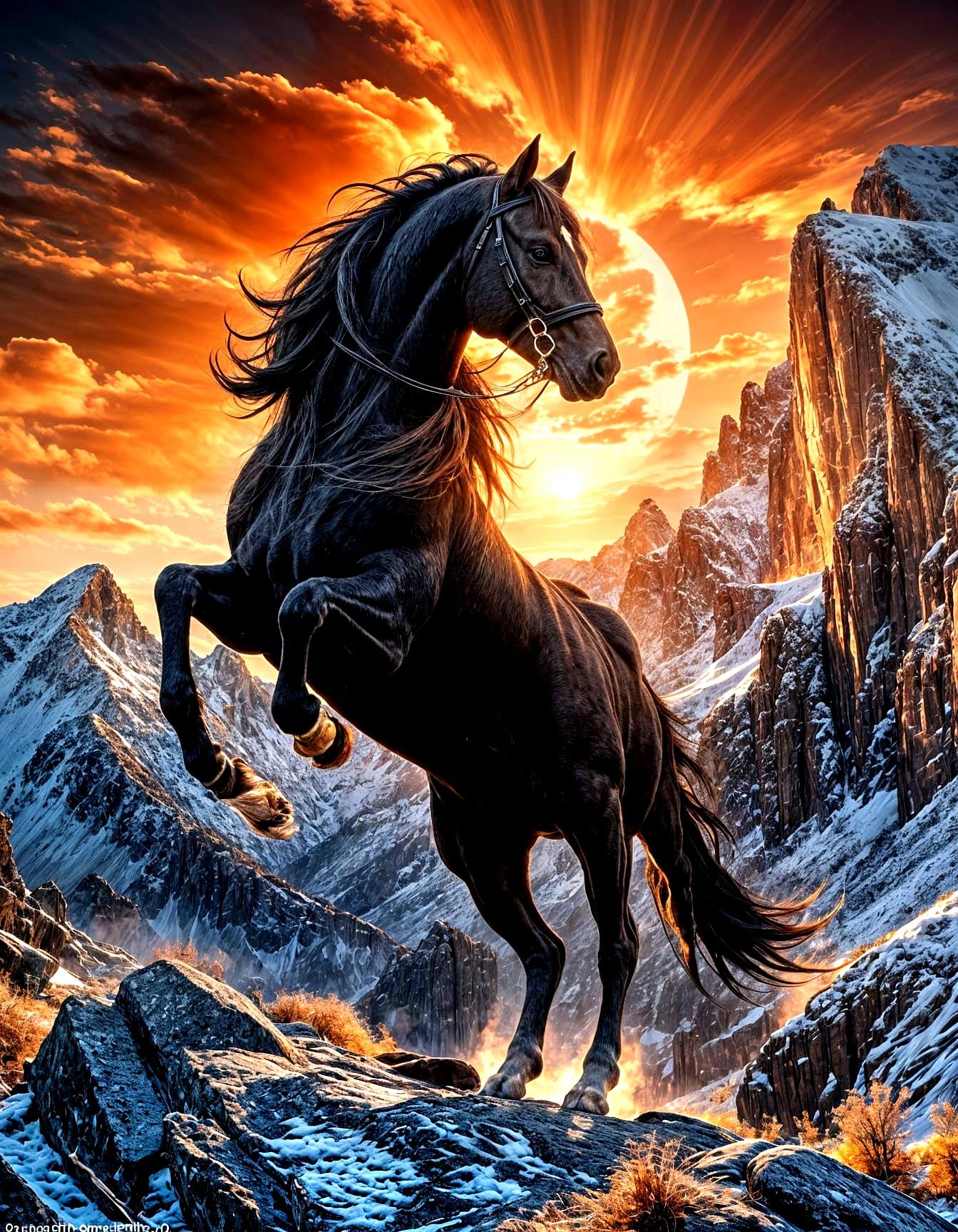 Majestic Black Horse in Snowy Mountain Sunset