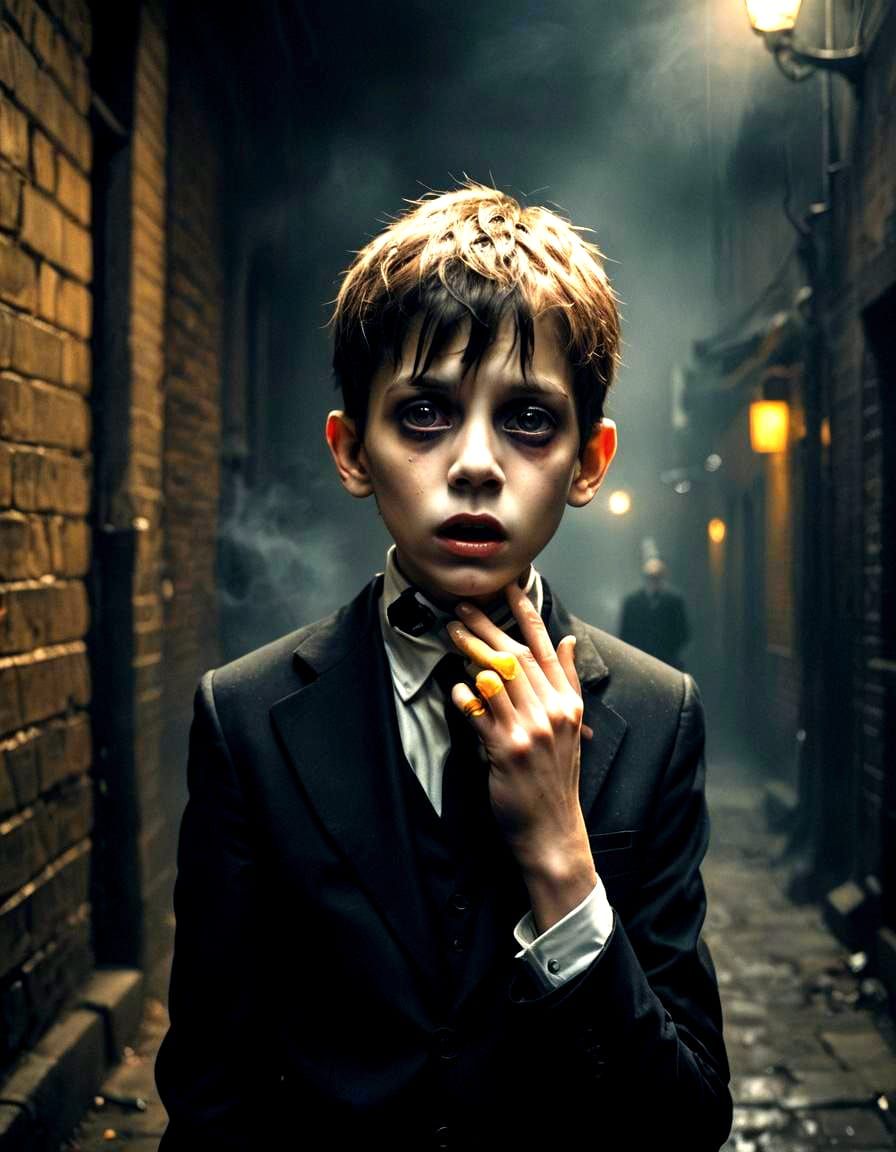 Scary Boy in Alley: Hyperrealistic Dark Fantasy Portrait