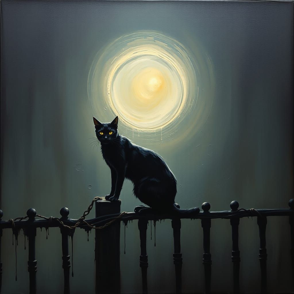 Sinister Black Cat on Fence, Surrealist Oil Painting