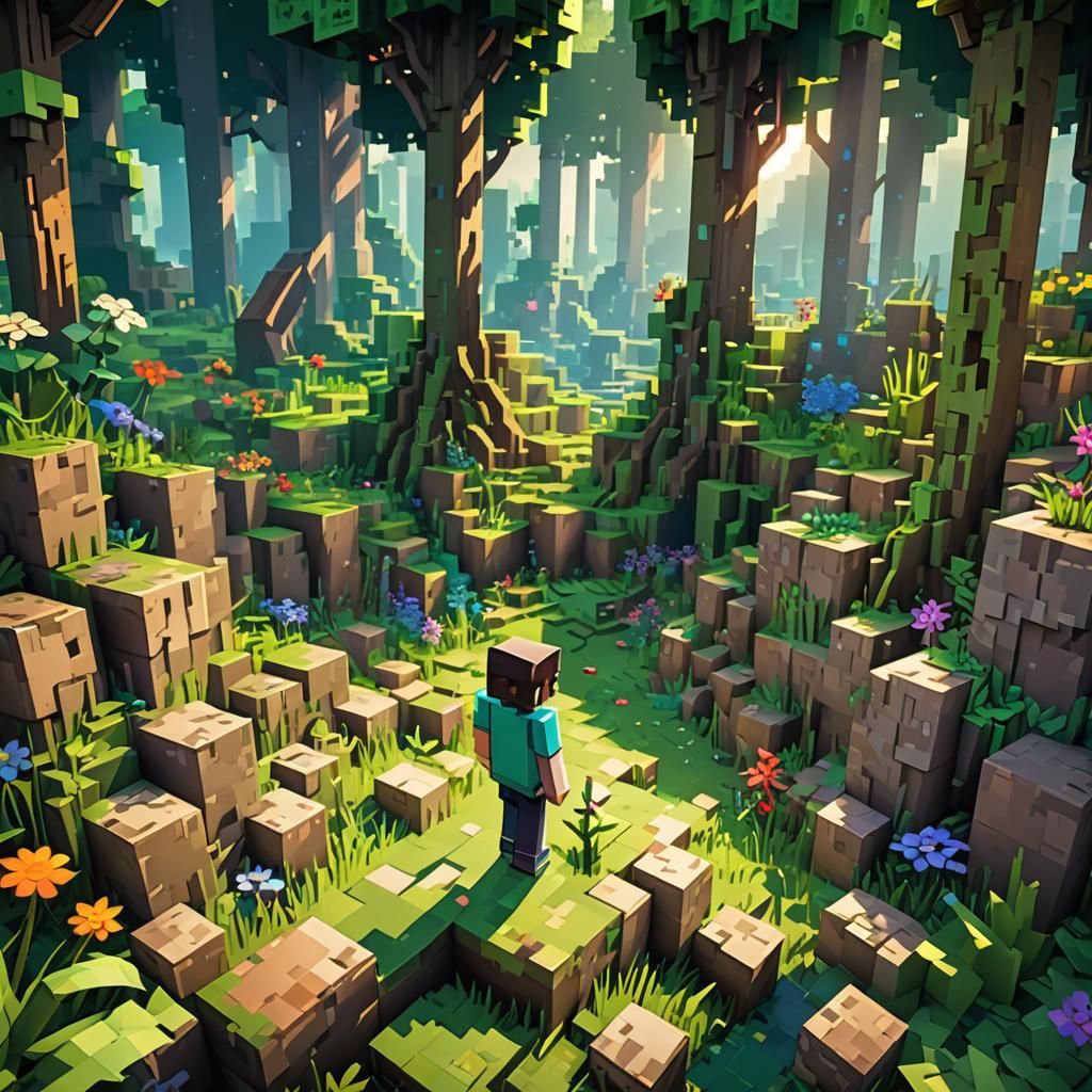 Minecraft Character in Lush Anime Forest, 3D Art