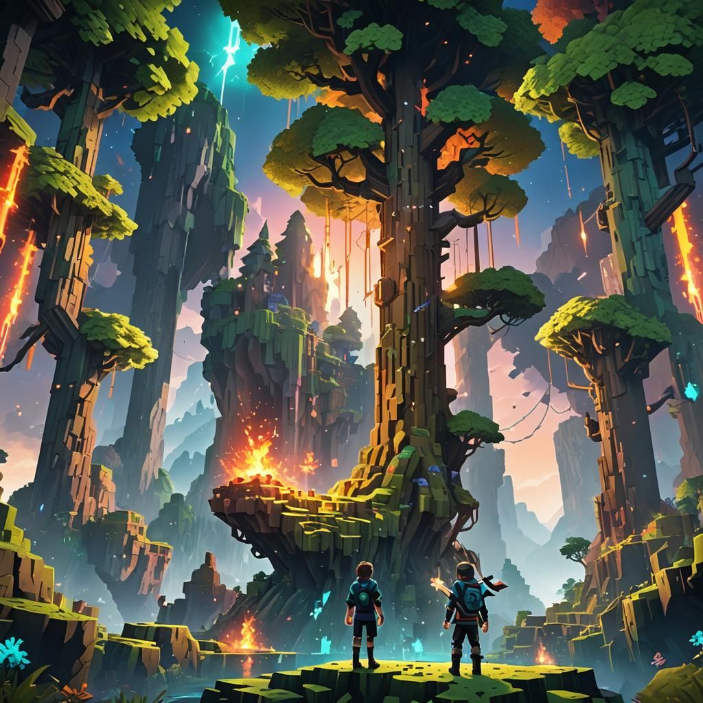 Minecraft Anime Landscape with Adventurer in 3D