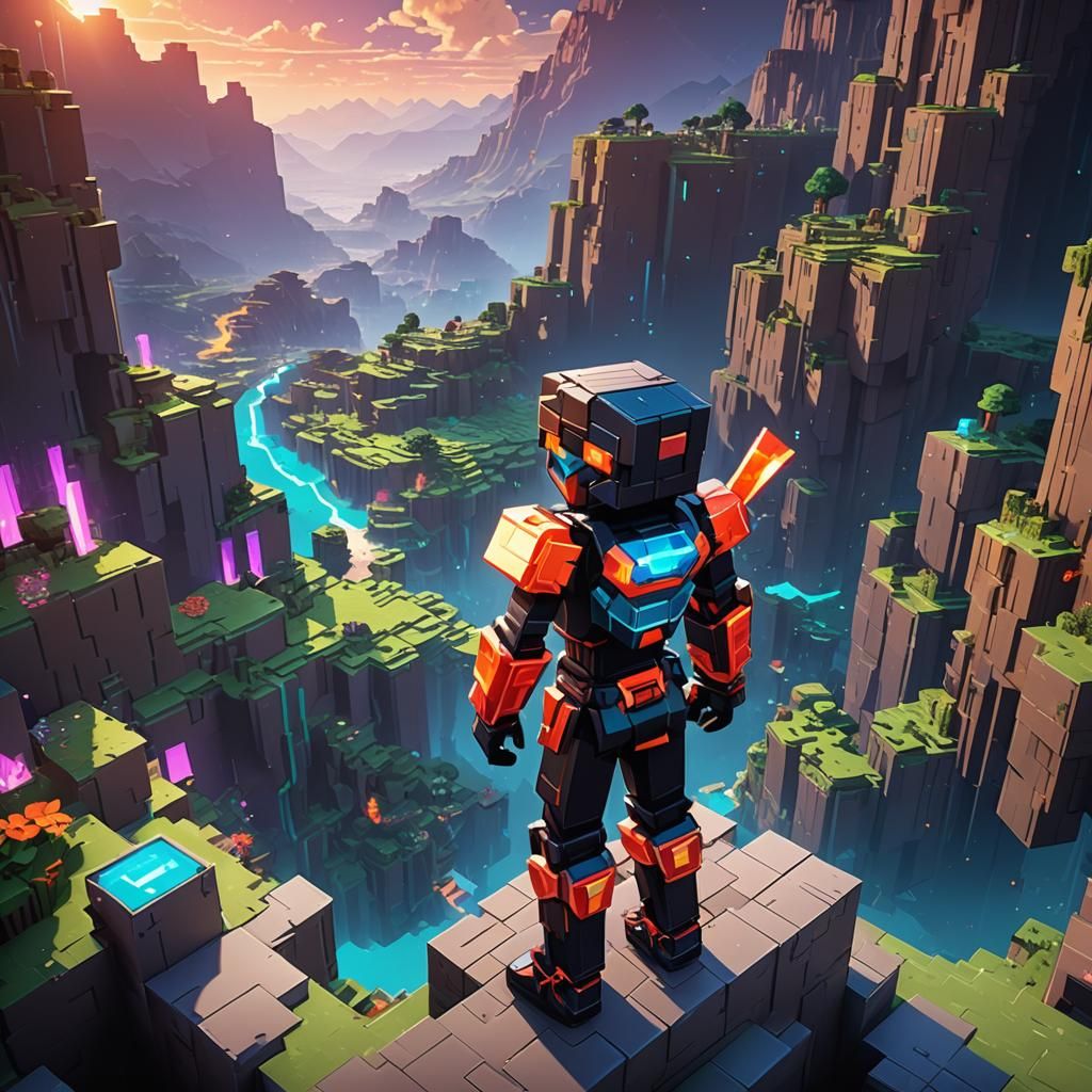 Heroic Minecraft Character in Neon Anime Landscape
