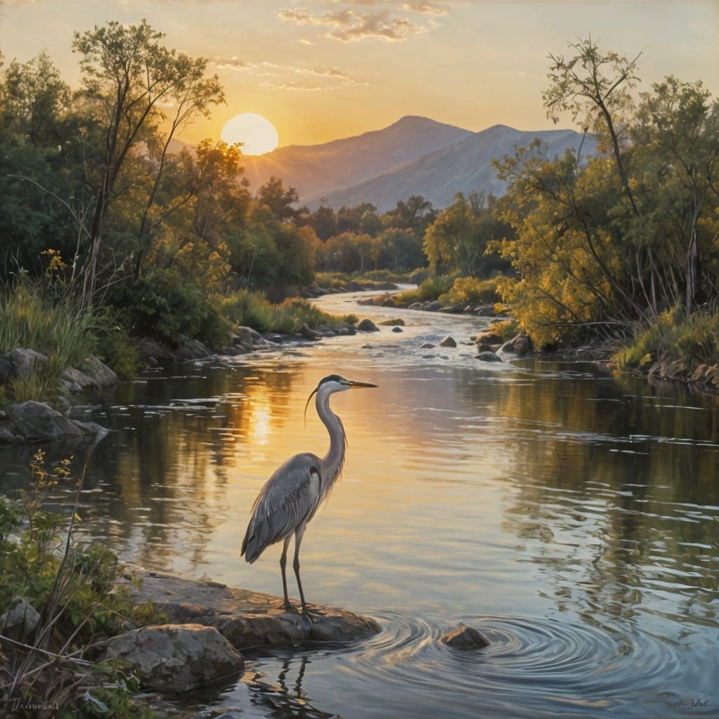 Heron at Sunset by River with Mountains