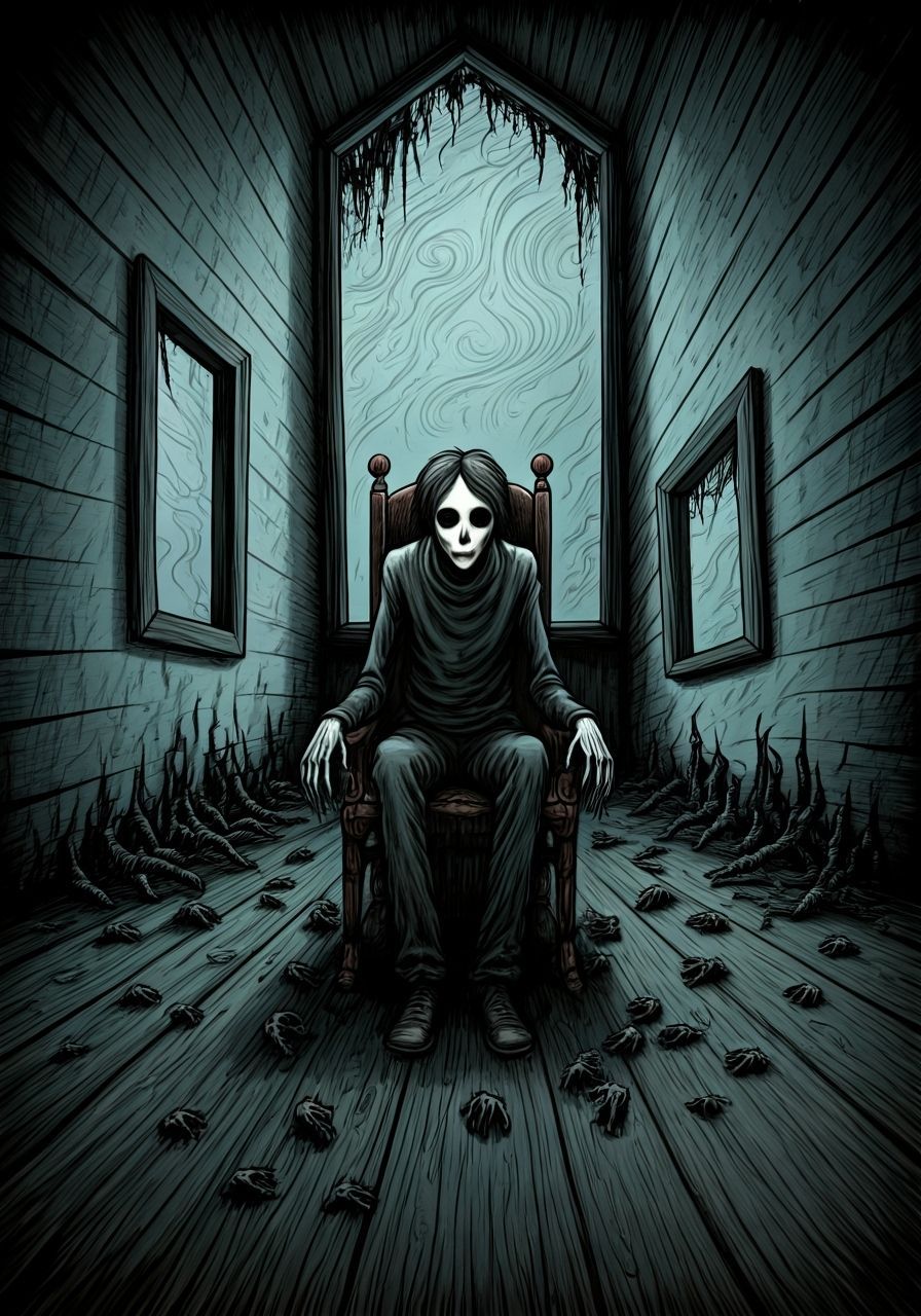 Gaunt Figure in Tilted Room: Dark Surrealism