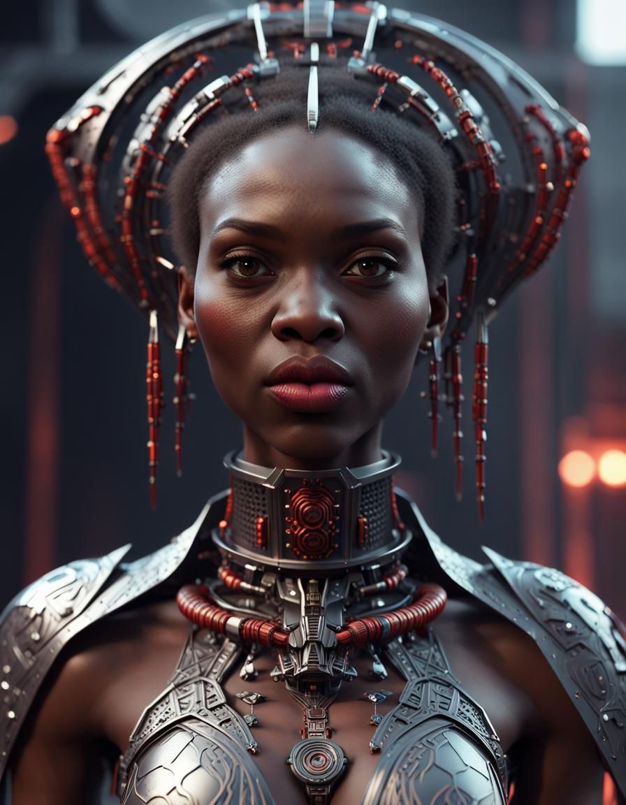 Mecha Cyberpunk African Nigerian girl. Dressed as yoruba ori...