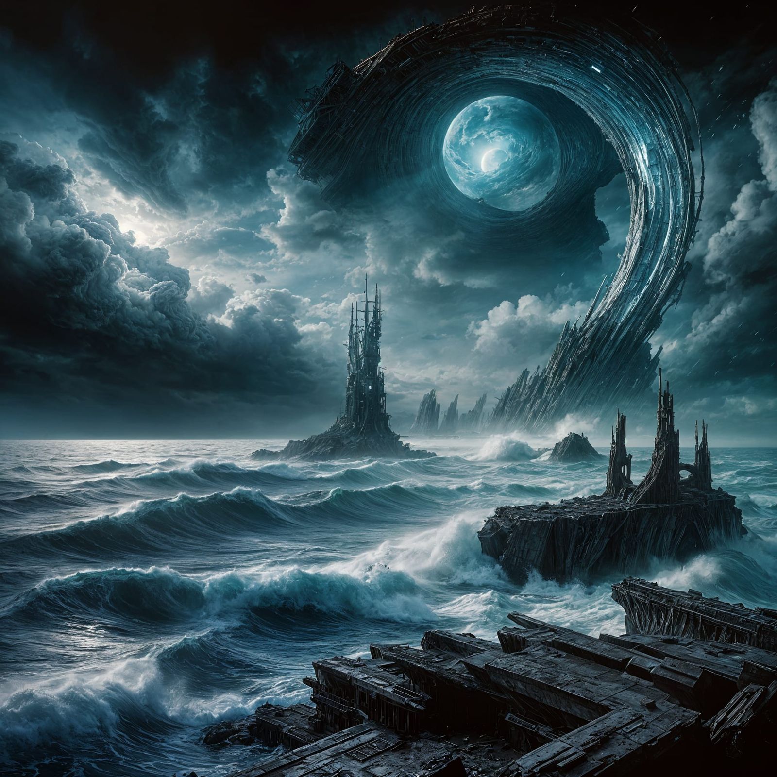 Ruined Structure on Alien Planet with Stormy Sky