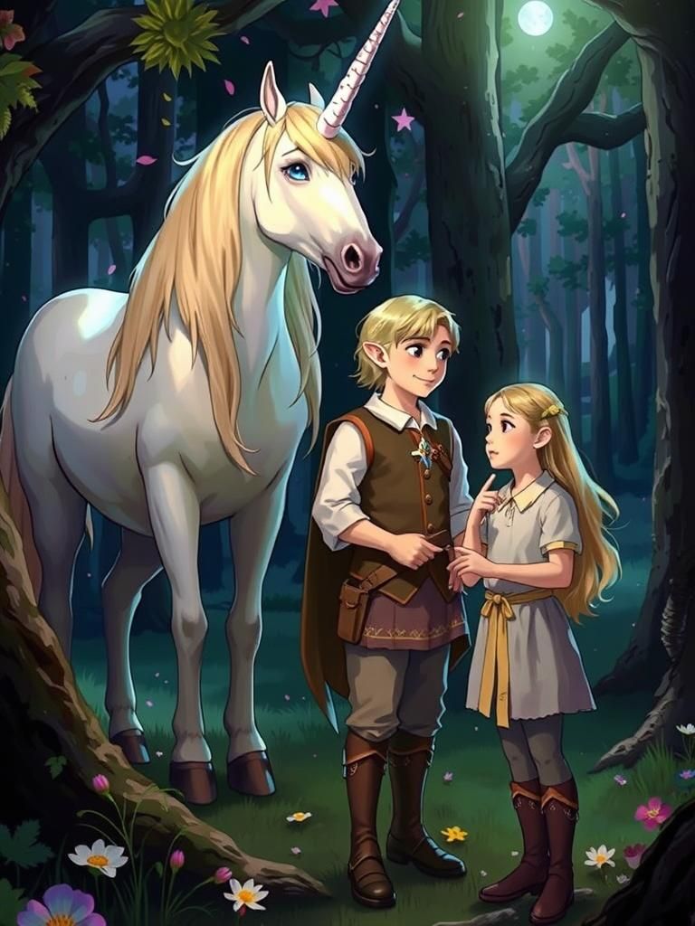 Elvish Boy, Girl, and Unicorn in Magic Forest